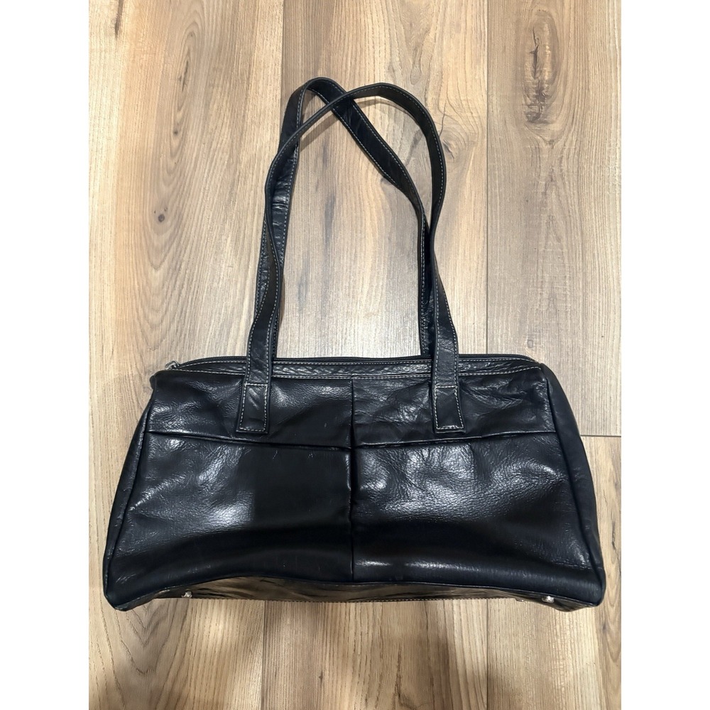 Perlina Black Leather Handbag with Double Handle Pockets Purse Shoulder Bag